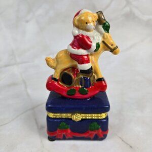 Porcelain Trinket Box Christmas Teddy Bear on a Rocking Horse Festive Gift NWOT
